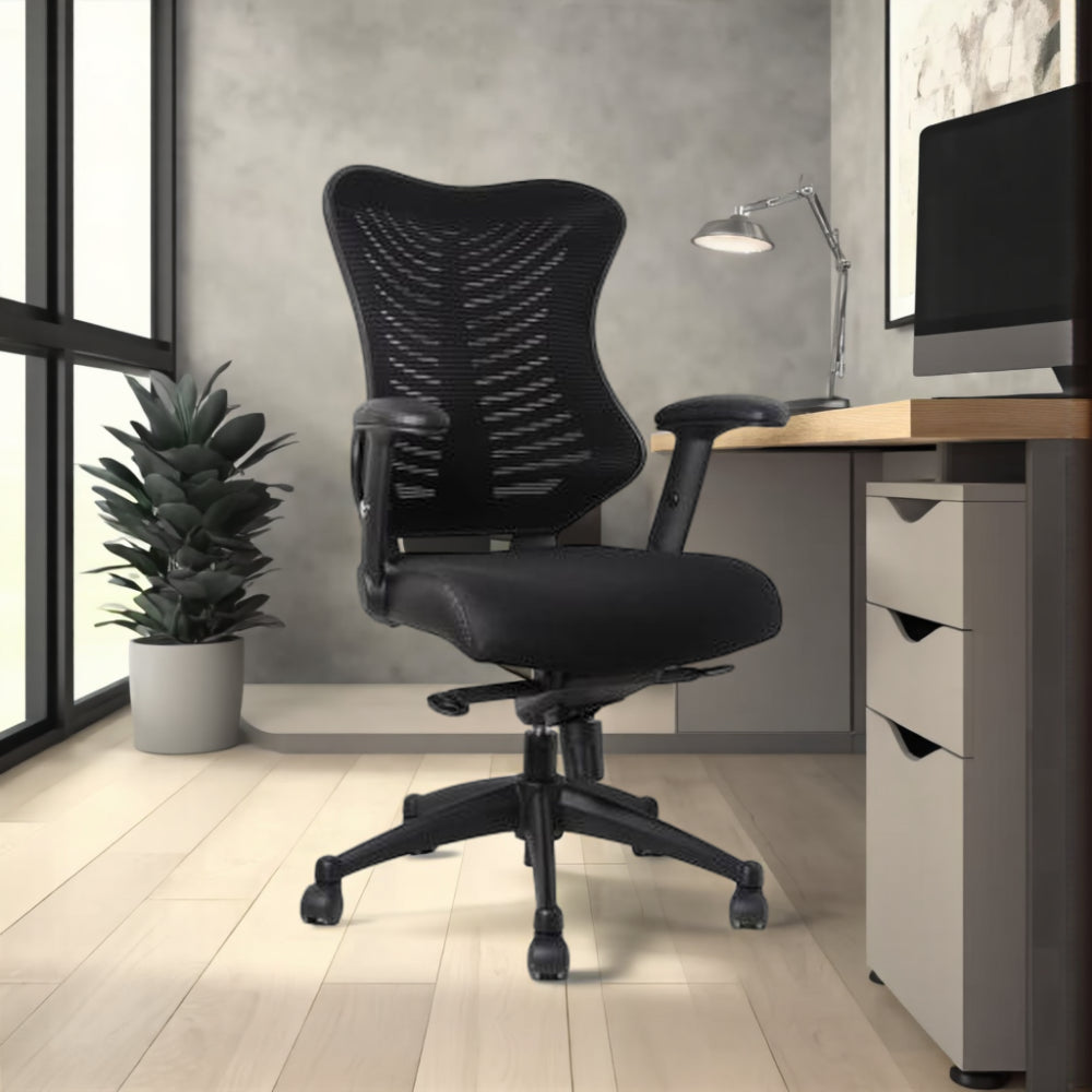Delux Spine Ergonomic Mesh Chair with Pedestal and Indoor Plant in Modern Office Setting