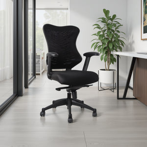 Delux Spine Ergonomic Mesh Chair with Rectangular White Top Finish Table and Indoor Plant in Modern Office Setting