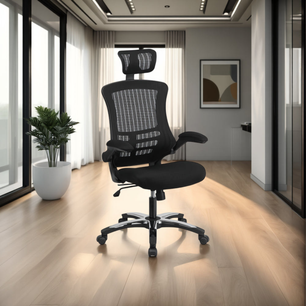 Deluxe Executive Mesh Chair with Indoor Plant in Modern Office Setting