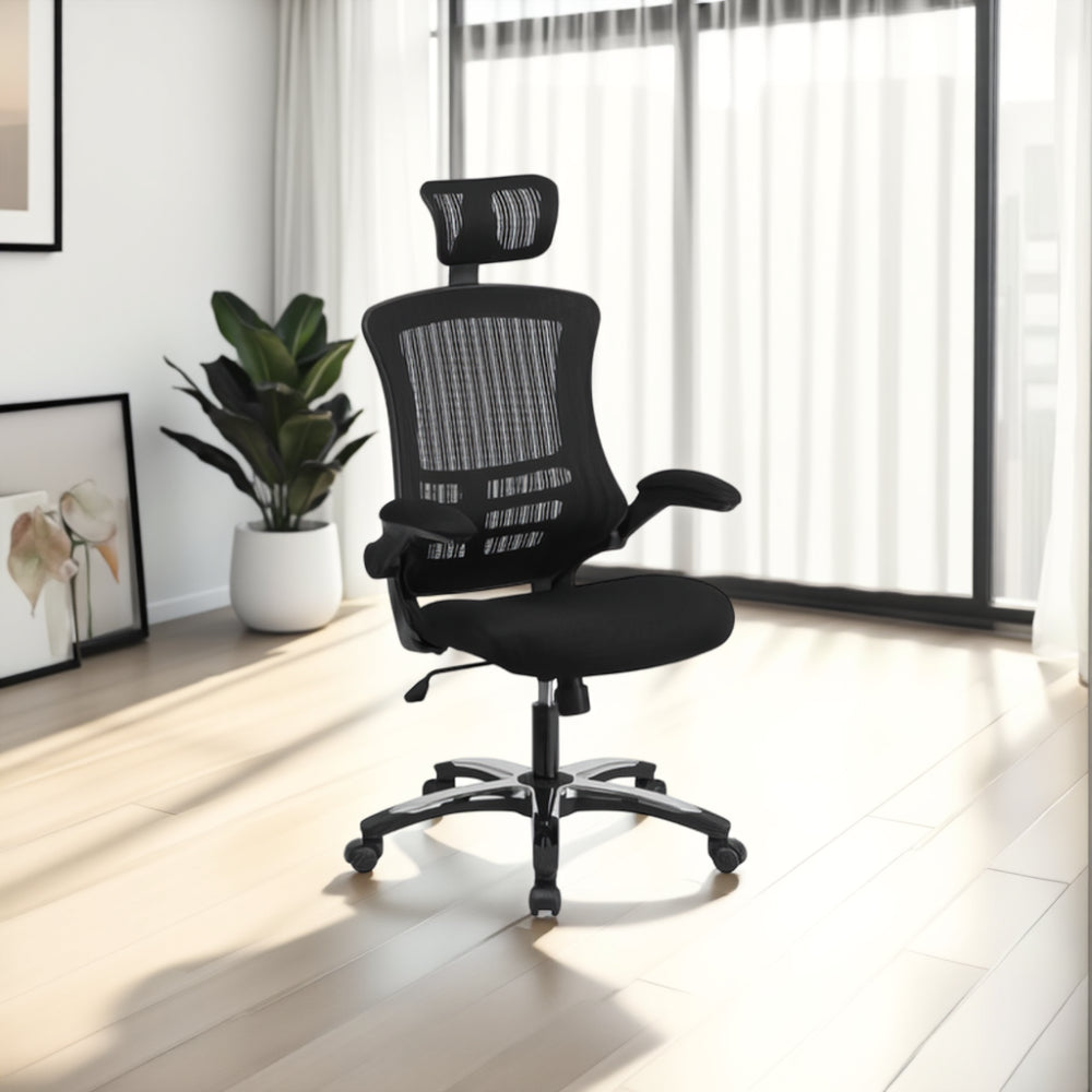 Deluxe Executive Mesh Office Chair in Black Finish with Indoor Plant in Modern Office Setting