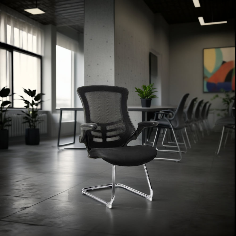 Deluxe Mesh Chair with Folding Arms and Cantilever Frame Black in Modern Office Setting