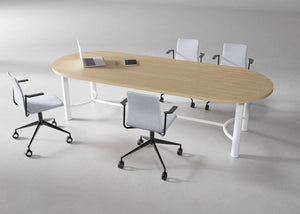 Demino Table with Foot Railing in Natural Oak Top Finish and White Legs with Light Grey Office Chair with Castors