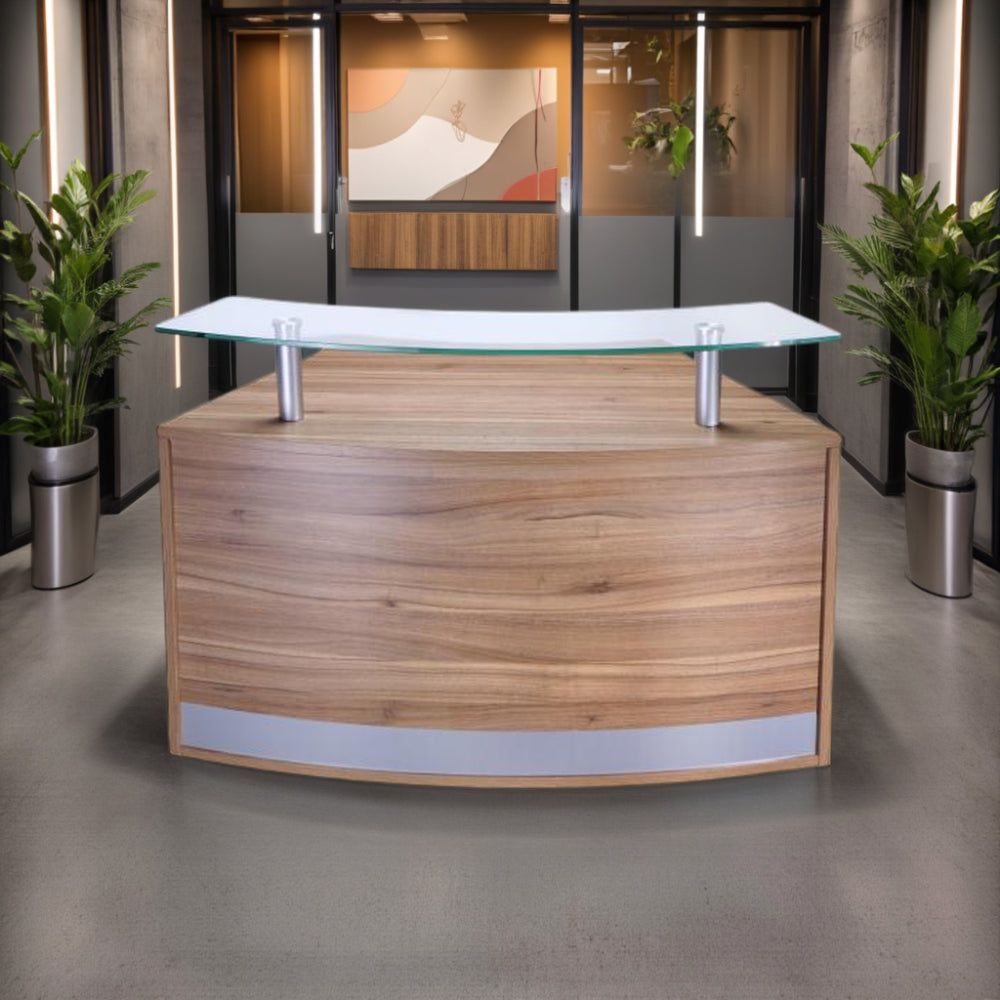 Desk High Radius Reception Desk Complete with Glass Shelf in Modern Reception Area