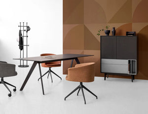 Dignis Executive Cabinet with Dignis Table in Black and Orange Tub Chair in Modern Office Setting