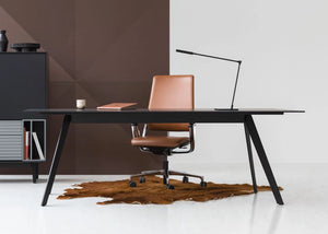 Dignis Executive Table in Black Finish Black Cabinet and Brown Leather Armchair