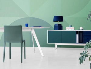 Dignis Table in White with Green Chair and White Framed Side Cabinet