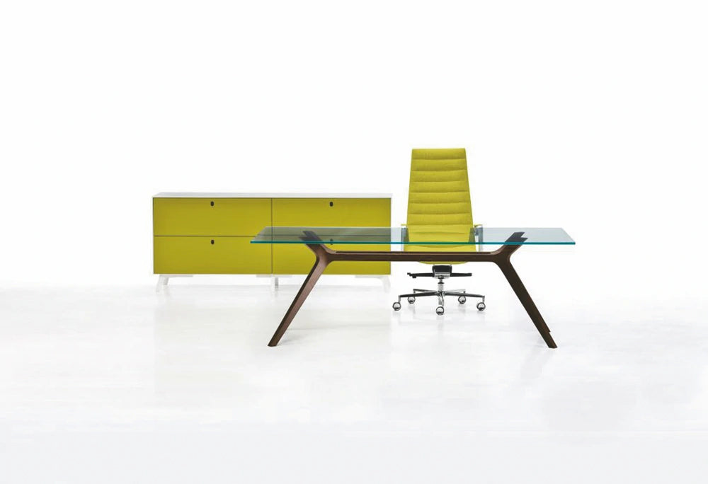 Dr Executive Desk In Dark Wood Legs With 3 Door Yellow Cupboard And Yellow Boardroom Chair