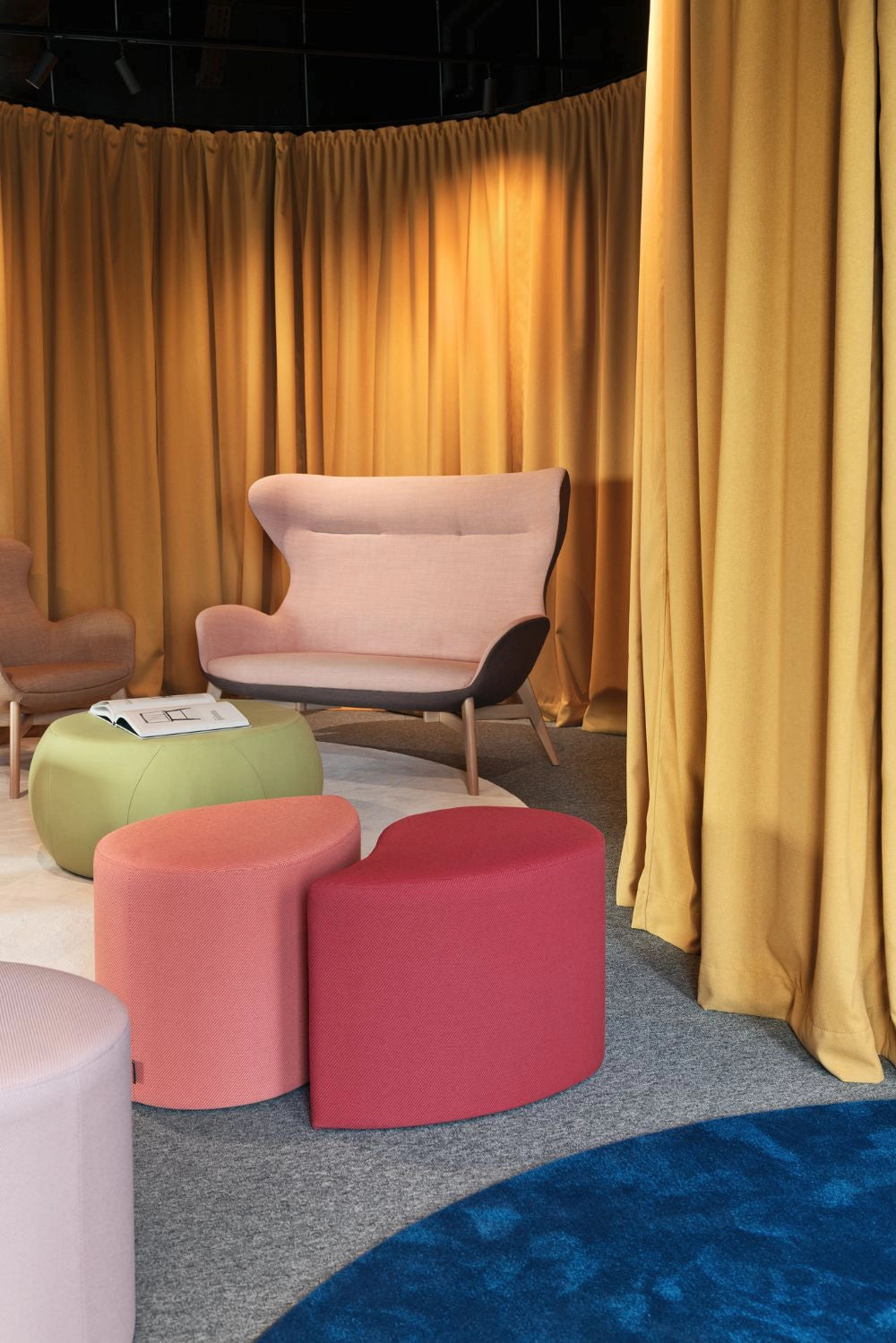 Drop Soft Seating Modular Pouffe in Different Finishes with Green Coffee Table