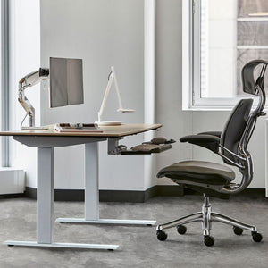 Efloat Go Home Office Sit Stand Desk With Ergonomic Chair And Table Lamp In Office Setting