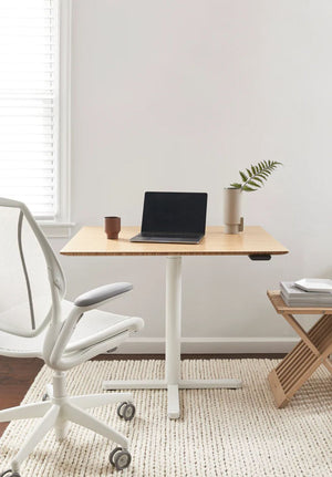 Efloat One Home Office Sit Stand Desk With Coffee Table And Ergonomic Chair In Breskout Setting
