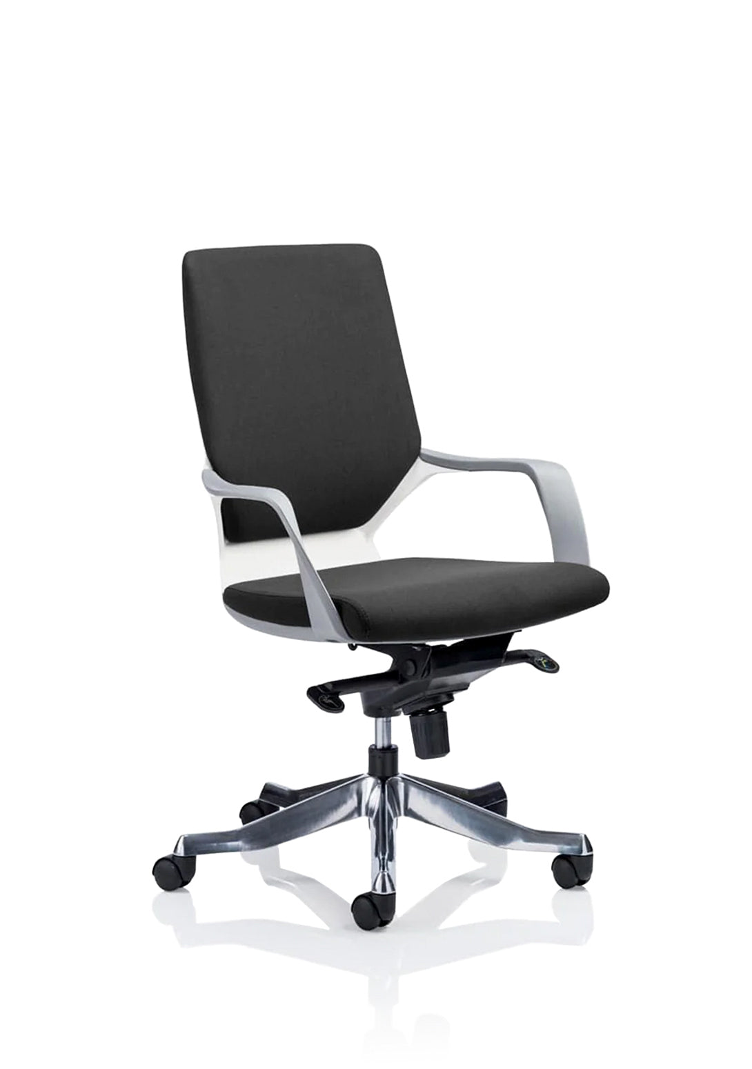 Xenon Executive Chair White Shell Black Fabric Medium Back With Arms