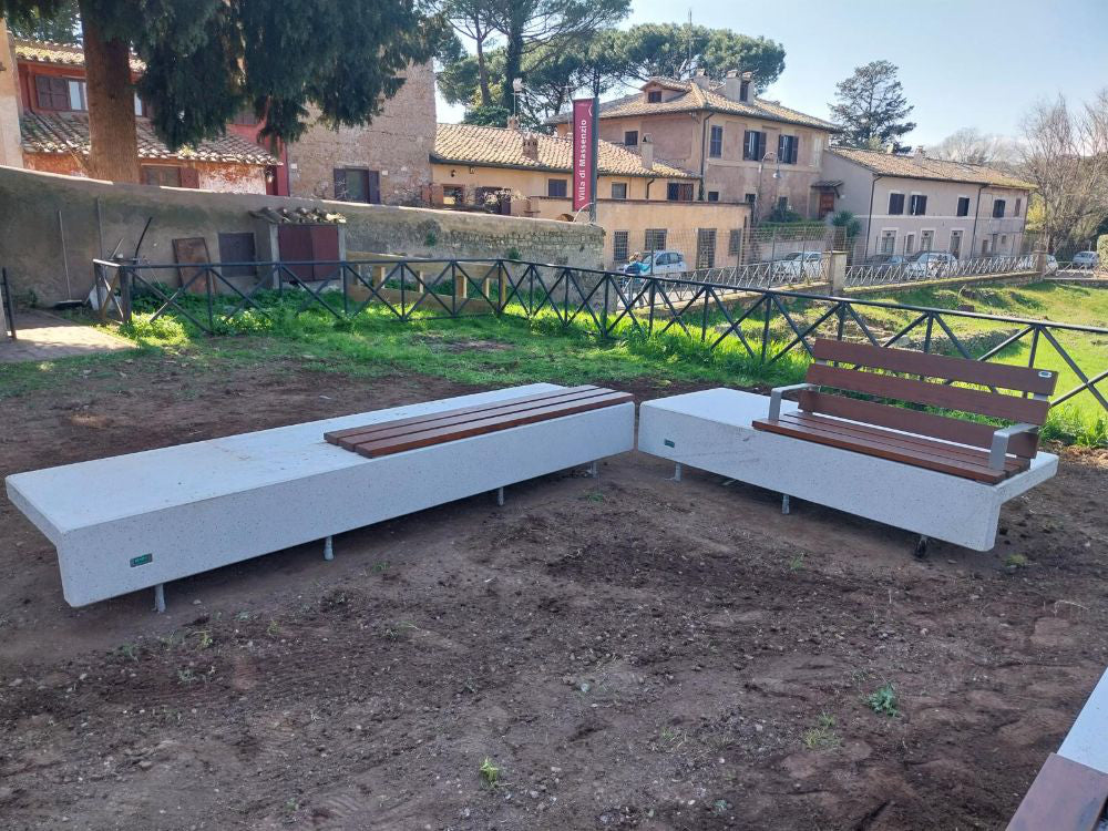 Ela Plus Rectangular Outdoor Bench in Two Toned Finish with Other Benches in Outdoor Setting 2