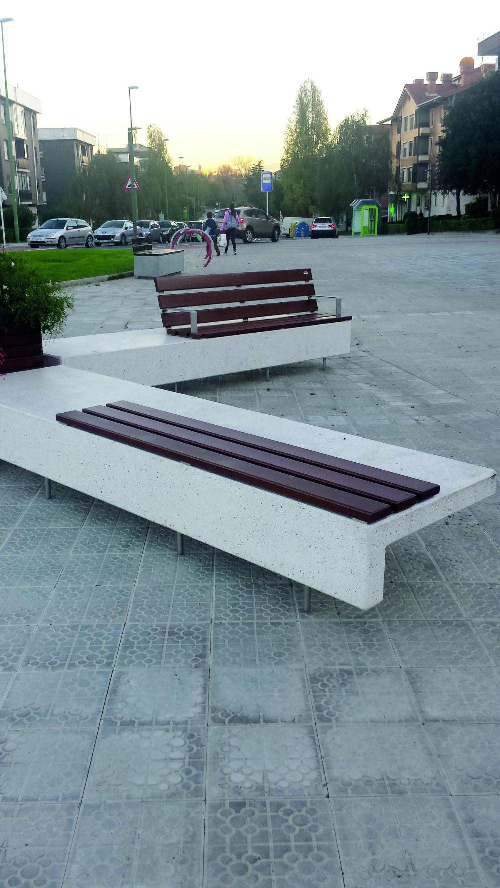 Ela Plus Rectangular Outdoor Bench in Two Toned Finish with Other Benches in Outdoor Setting 3