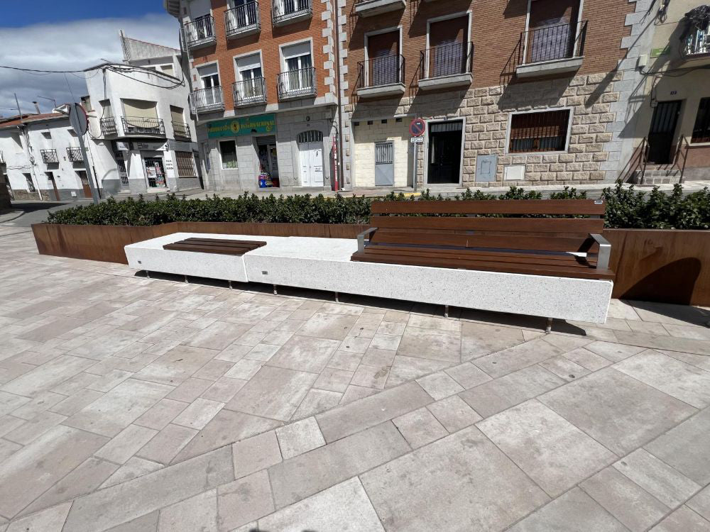 Ela Plus Rectangular Outdoor Bench in Two Toned Finish with Other Benches in Outdoor Setting 4