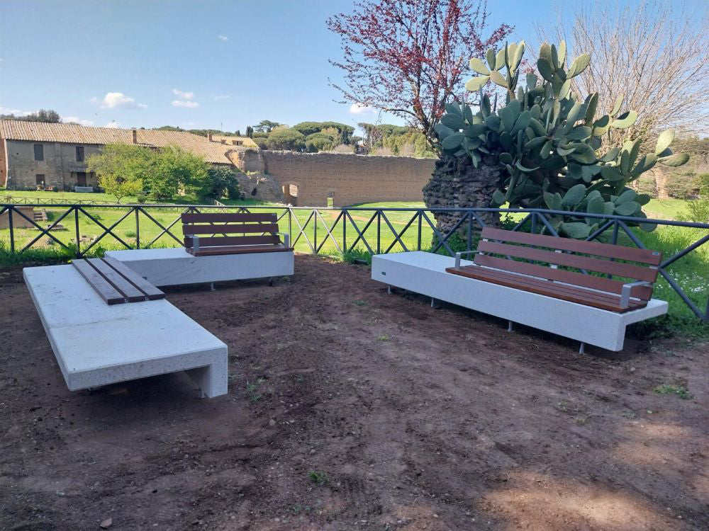 Ela Plus Rectangular Outdoor Bench in Two Toned Finish with Other Benches in Outdoor Setting 9