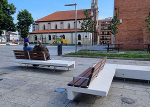 Ela Plus Rectangular Outdoor Bench with Trash Bin in Outdoor Setting