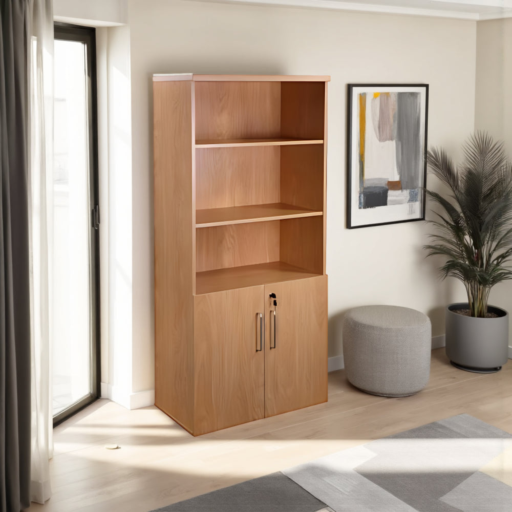 Elite 5 Level Cupboard Part Open with Round Grey Pouffe and Indoor Plants in Modern Office Setting