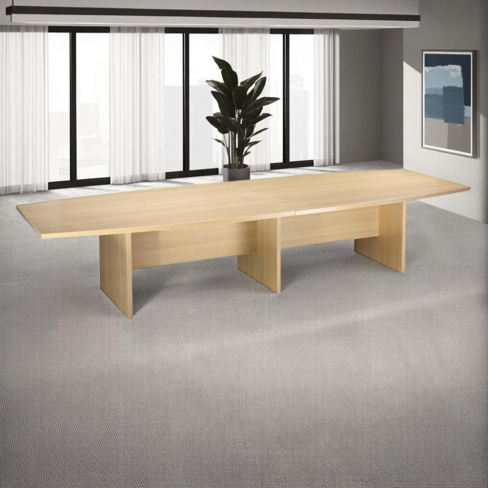Elite Barrel Shaped Boardroom Table with 3 Panel Legs and Indoor Plant in Modern Office Setting 2