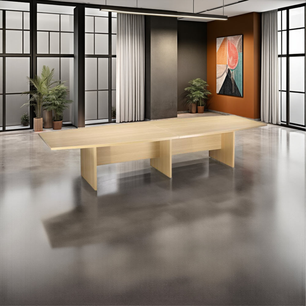 Elite Barrel Shaped Boardroom Table with 3 Panel Legs and Indoor Plant in Modern Office Setting
