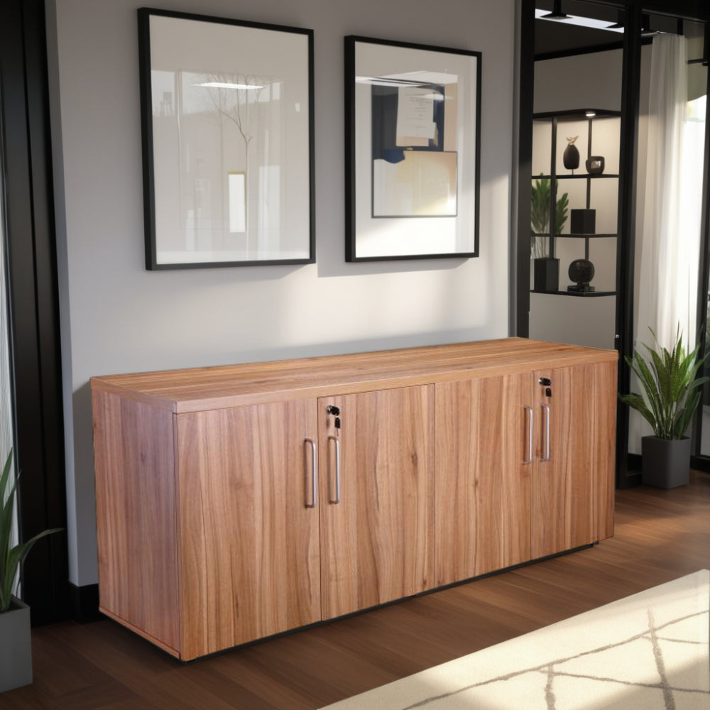 Elite Executive Wooden 4 Door Credenza with Shelves in Modern Office Setting