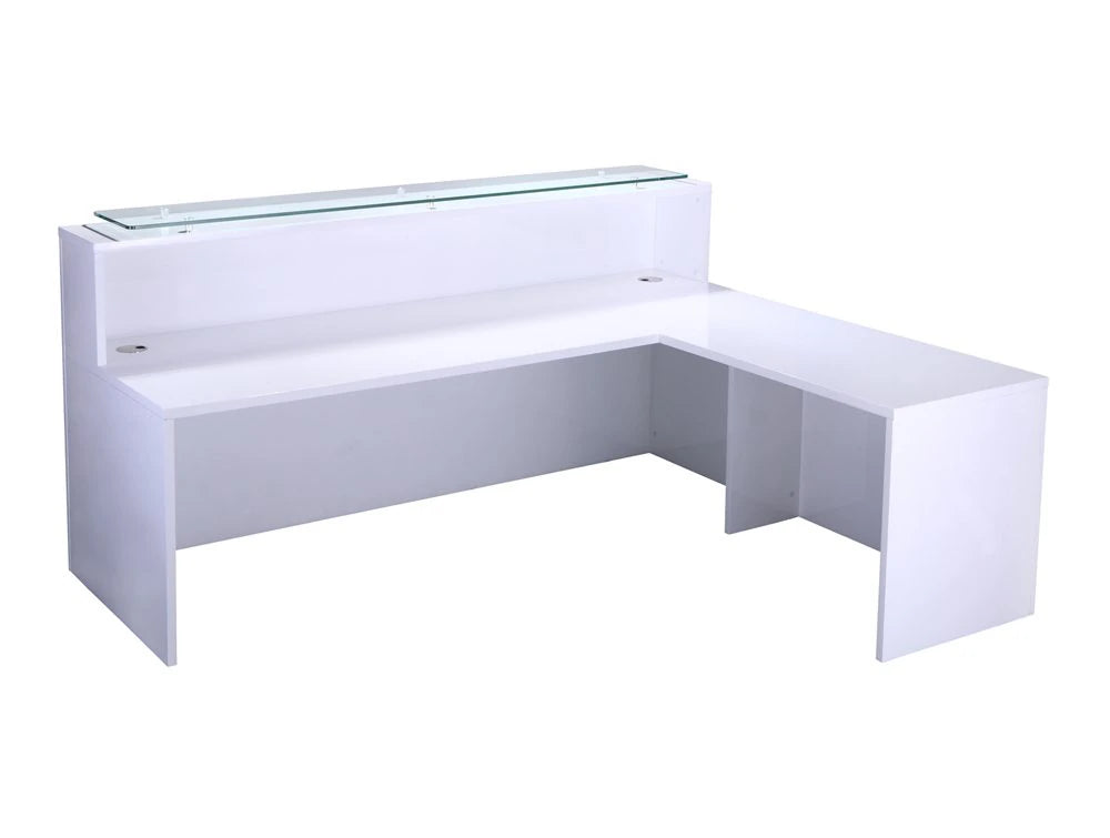 Elite High Gloss Right Angled Reception Unit With Glass Top And Return In White 1