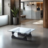Elite Rectangular Glass Coffee Table with Black Base in Modern Office Lounge Setting