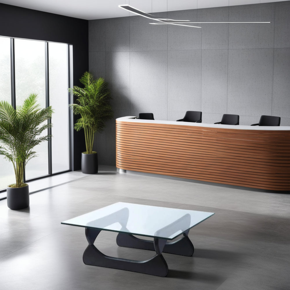Elite Rectangular Glass Coffee Table with Black Base with Wooden Finish Reception Desk in Modern Office Lounge Setting 2
