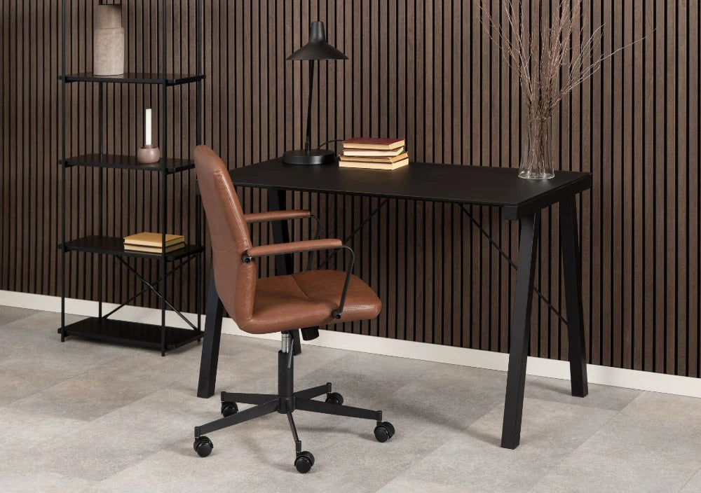 Elowen Home Office Desk Black 9 with Brown Leather Chair in Home Office Setup