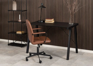 Elowen Home Office Desk Black 9 with Brown Leather Chair in Home Office Setup