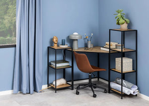 Emily Corner Office Desk Wild Oak 5 with Leather Chair and Tiered Side Table