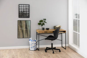 Emily Home Office Desk with 1 Drawer and Open Compartment Wild Oak 10 with Black Chair in Study Area Setup