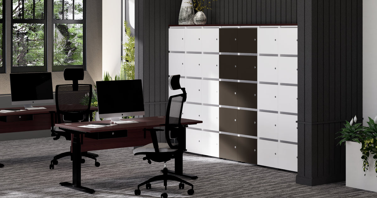 Evolve High Back Ergonomic Chair with Levo Sit Stand Desk and Uno Locker in Modern Office Setting