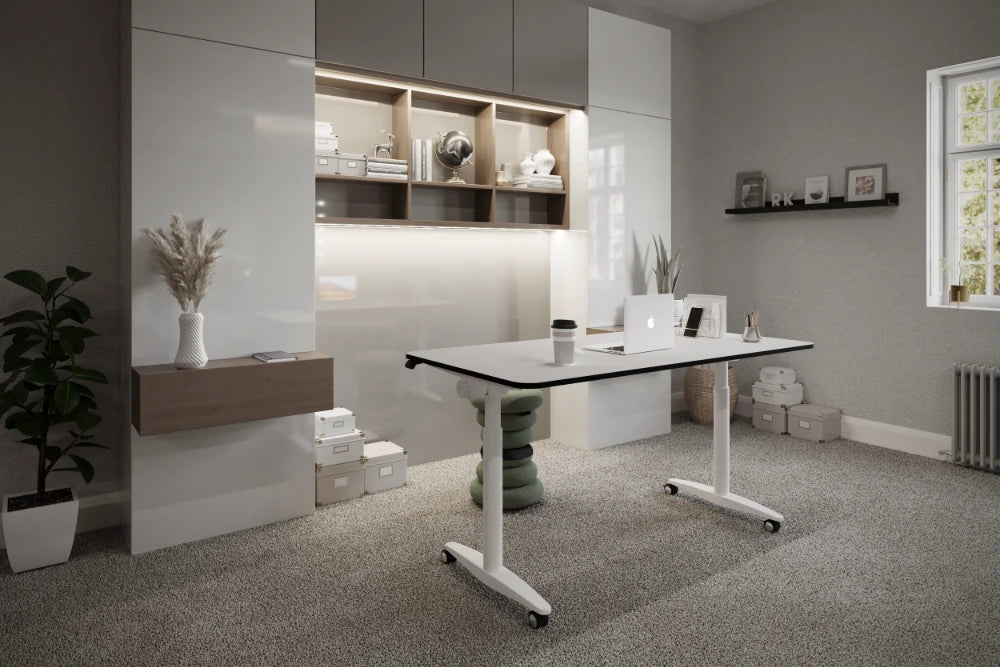 FlipMe Convertible Standing Desk with Banffy Stool and Wooden Shelving in Home Office Setting