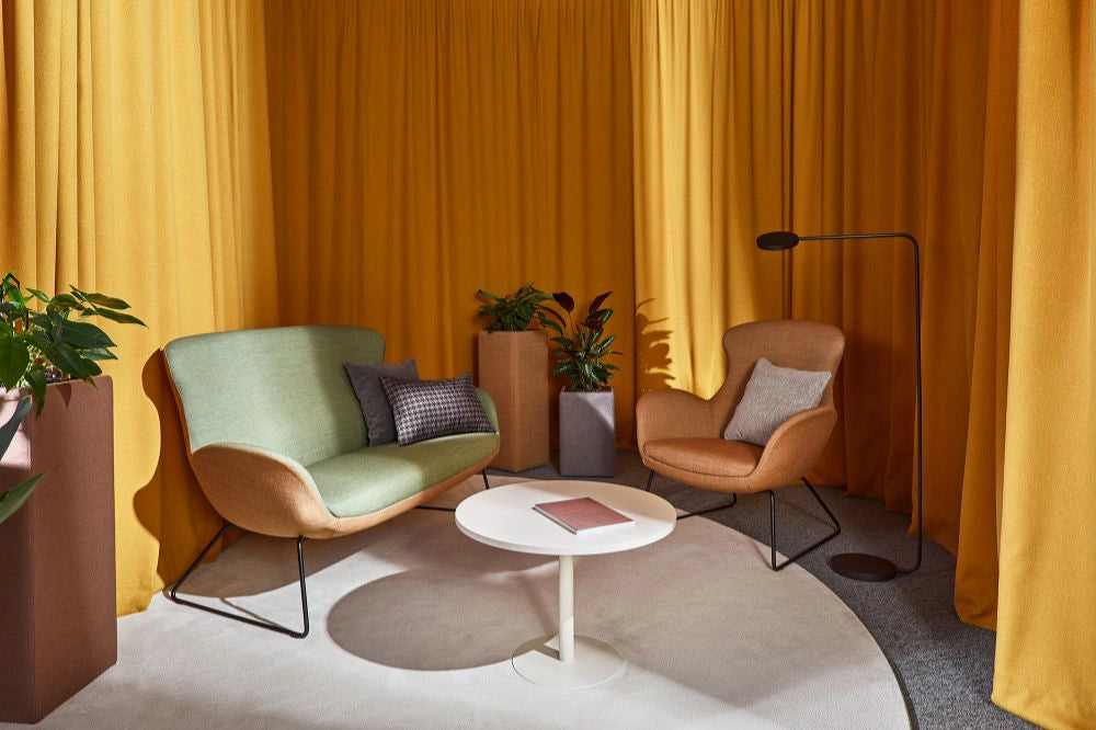 Floris Upholstered Pot in 2 Different Finishes with Red and Grey Upholstered Armchair and 2 Seater and White Coffee Table