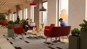 Floris Upholstered Pot in Grey with Red Armchair and 2 Seater Sofa in Lounge Area Setting