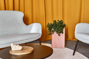 Floris Upholstered Pot in Pink Finish with Grey Armchair and Brown Top Coffee Table 2