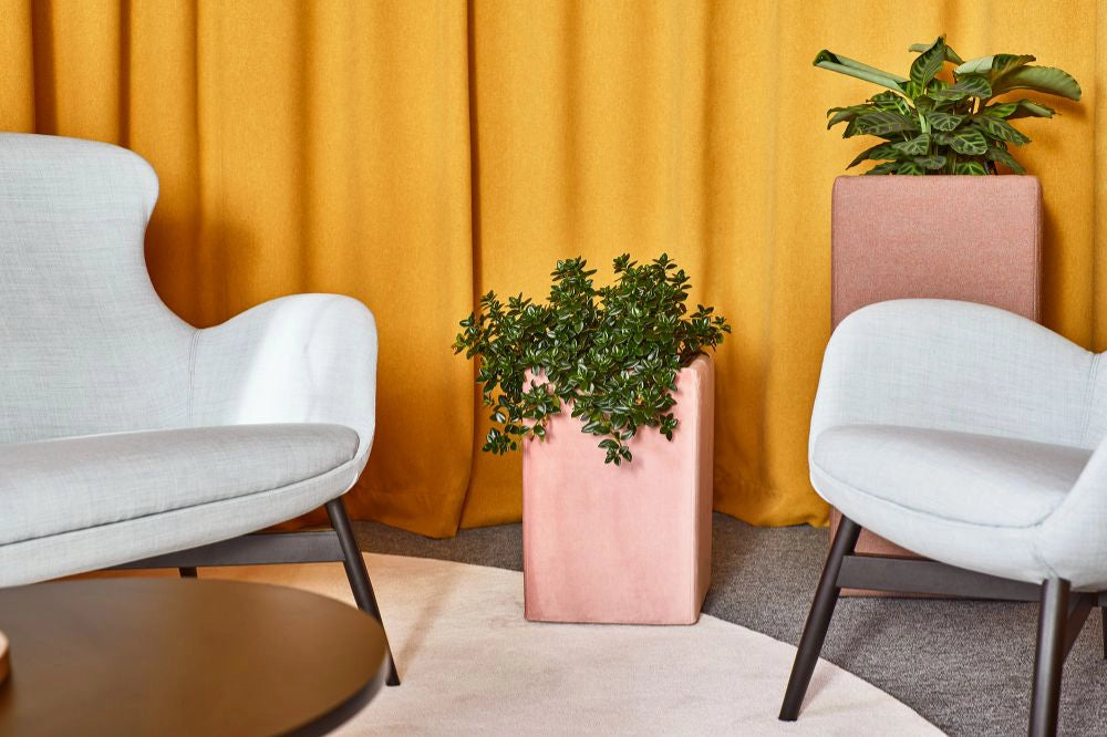 Floris Upholstered Pot in Pink Finish with Grey Armchair and Brown Top Coffee Table