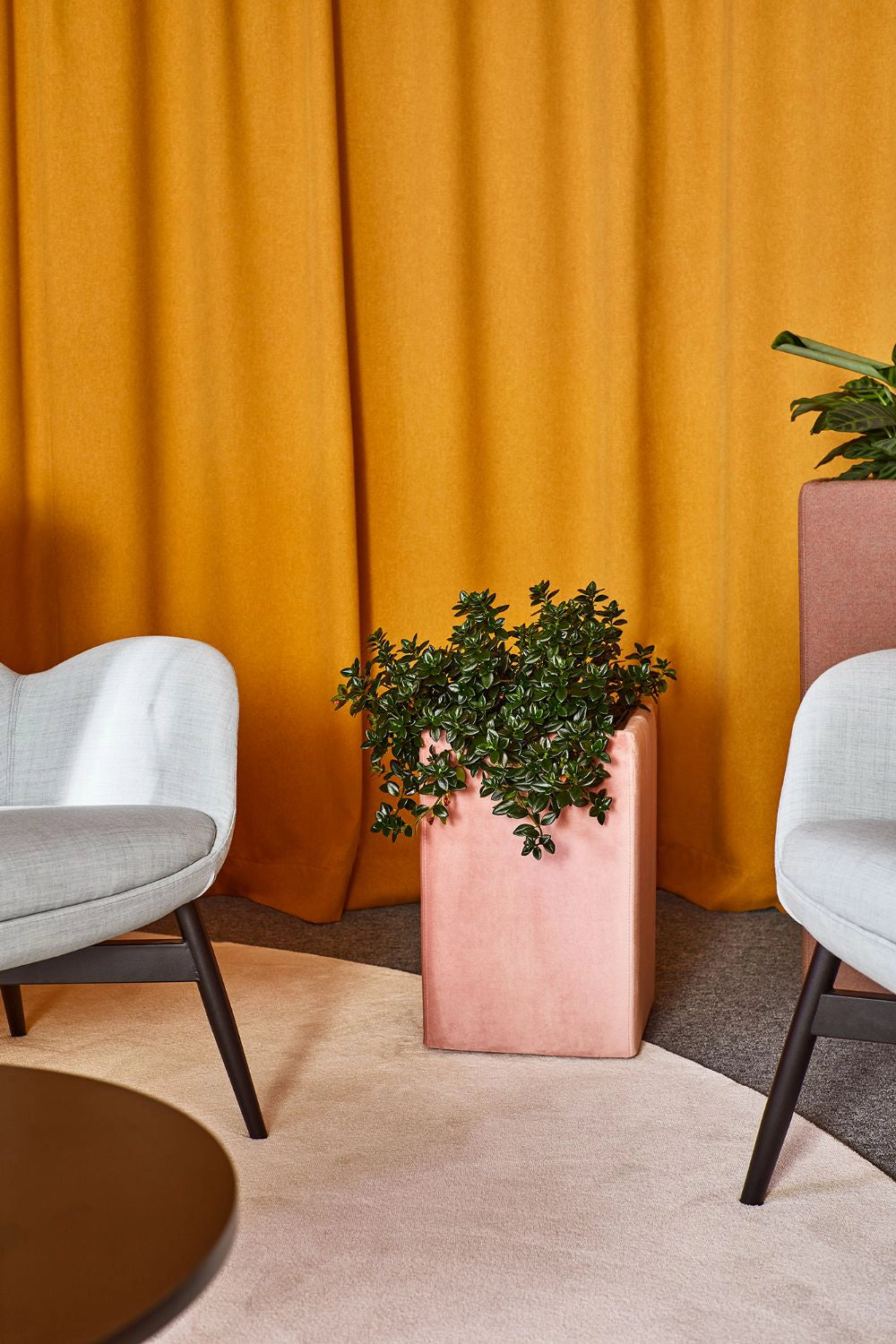 Floris Upholstered Pot in Pink Finish with Grey Armchair