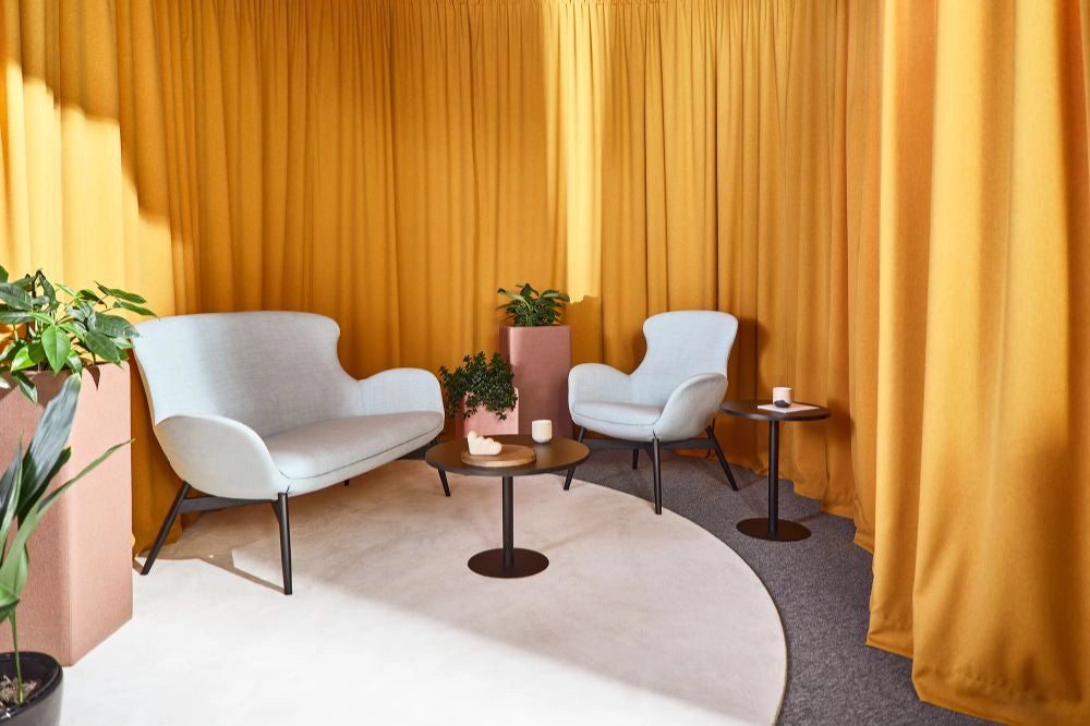 Floris Upholstered Pot in Pink Finish with Light Grey Set of Soft Seating and Black Round Coffee Table