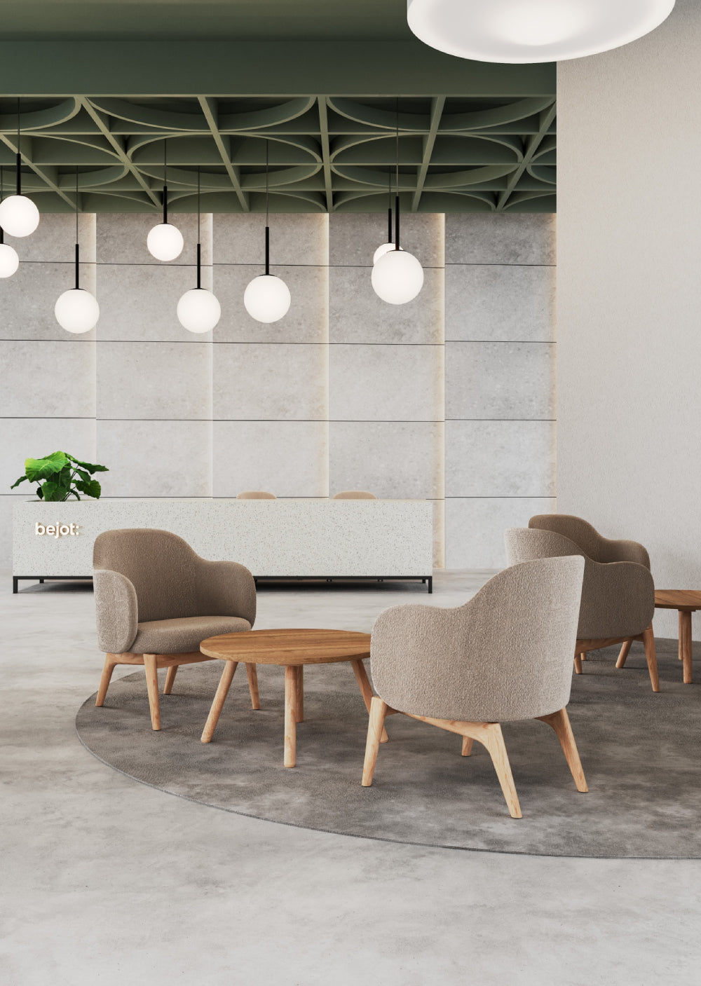 Flos Wooden Lounge Chair with Coffee Table and Ceiling Light in Reception Setting