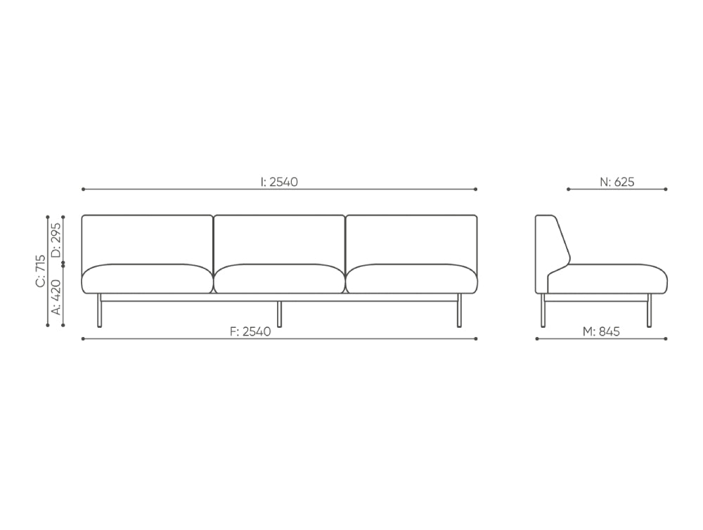Fora Upholstered 3 Seater Armless Modular Sofa Dimensions