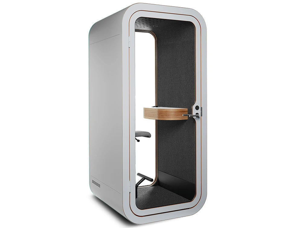 Framery Smart Office Acoustic Phone Booth With Wooden Table And Grey Finish