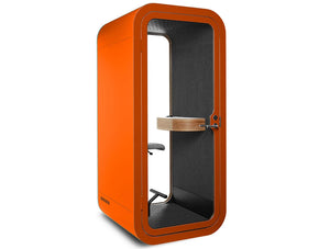 Framery Smart Office Acoustic Phone Booth With Wooden Table And Orange Finish