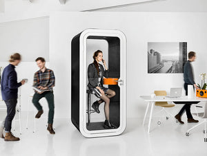 Framery Smart Office Phone Booth With Orange Table And Black And White Exterior Finish
