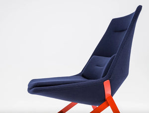 Frank Comfy Lounge Armchair With Four Legged Base With Blue Upholstery And Red Leg Base