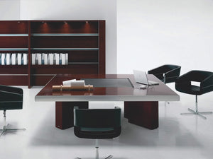 Frezza Cx Meeting Table In Brown Finish With Black Tub Chair And Book Shelves
