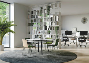 Frezza Hangar Teamwork Table In White Top Finish With Green Stackable Chair And White Bookshelves In Breakout Setting
