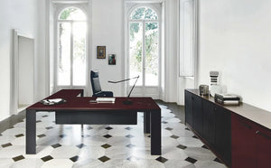 Frezza Ono Desk With Metal Structure And Black Boardroom Chair In Office Setting