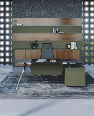 Frezza Spike Executive Desk In Glass Top With Wooden Cupboard And Bookshelves In Office Setting