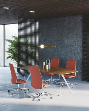 Frezza Spike Meeting Table In Wooden Top With Pink Swivel Armchair And Ceiling Lamp In Office Setting
